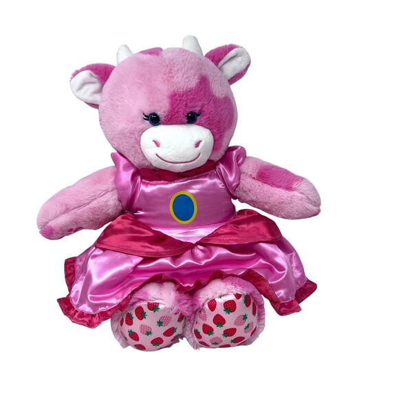 Build-A-Bear Other - Build a Bear Strawberry Cow Plush Mario Princess Dress Pink Spotted Stuffed BABW